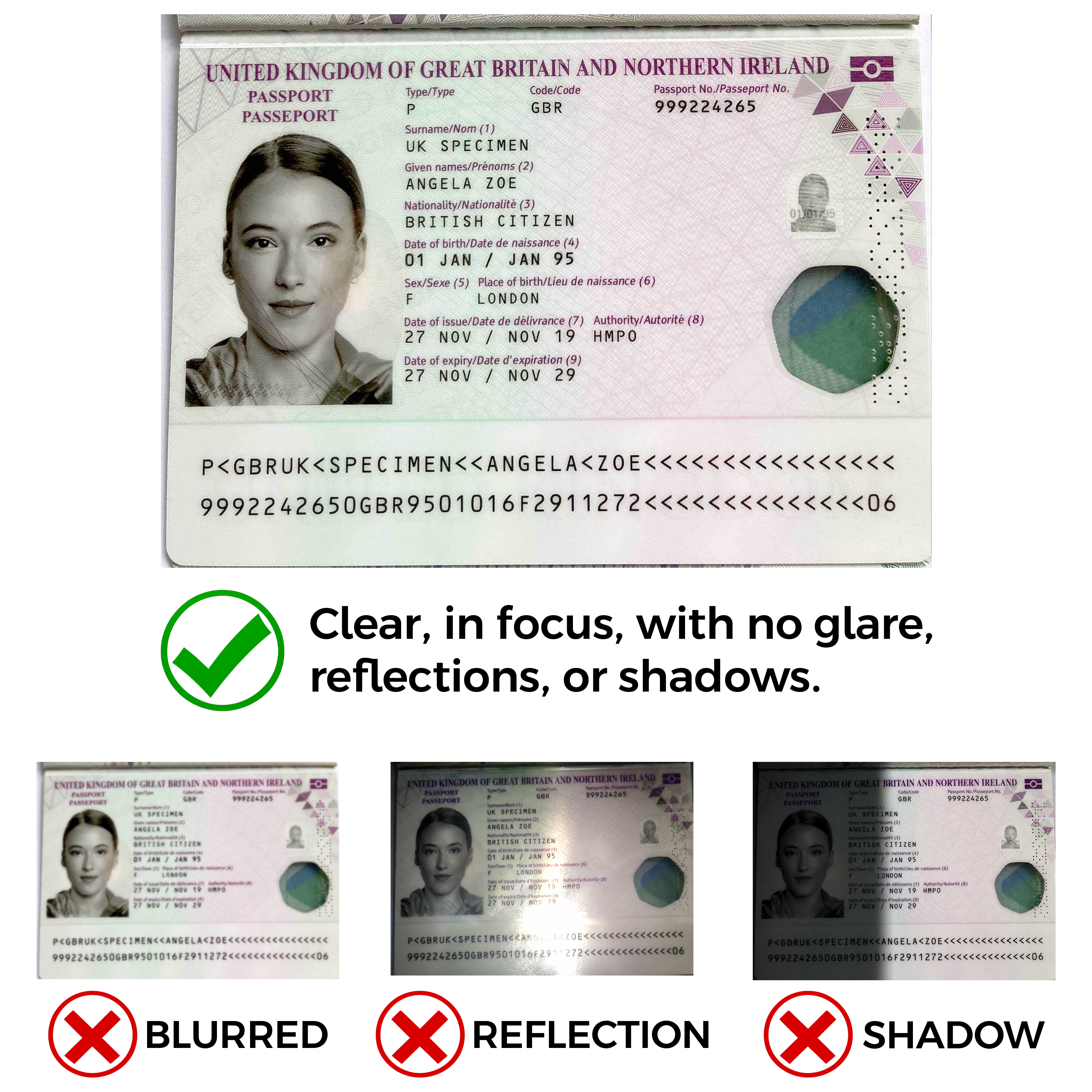 Passport photo examples showing a clear image and images to avoid
